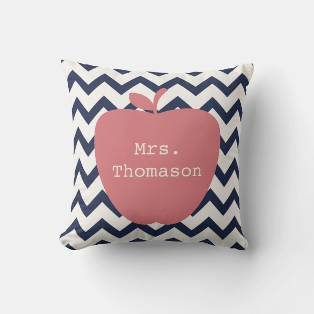 Navy Chevron Coral Apple Teacher Pillow (Front)