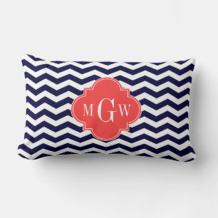 Navy Chevron Coral Red Quatrefoil 3 Monogram Tn Lumbar Cushion
