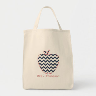 Navy Chevron & Coral Teacher Apple Tote Bag
