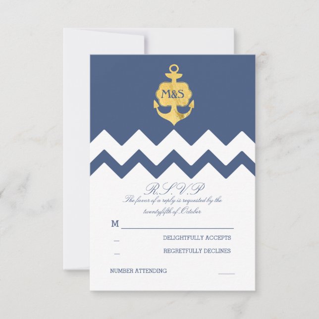 Navy Chevron Gold Foil Anchor Wedding RSVP Cards (Front)
