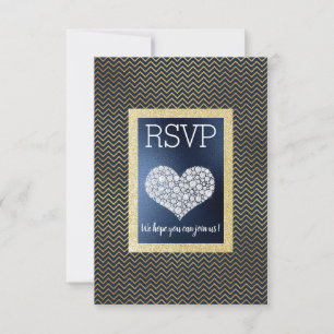 Navy Chevron Gold Heart RSVP simple elegant Card
