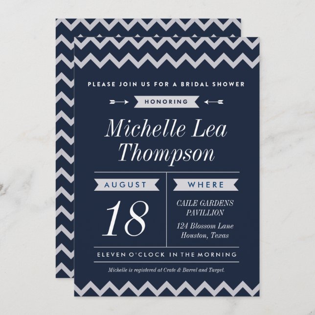 Navy Chevron Stylish Bridal Shower Invitations (Front/Back)