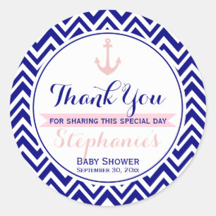 Navy Chevron with Baby Pink Nautical Baby Shower Classic Round Sticker