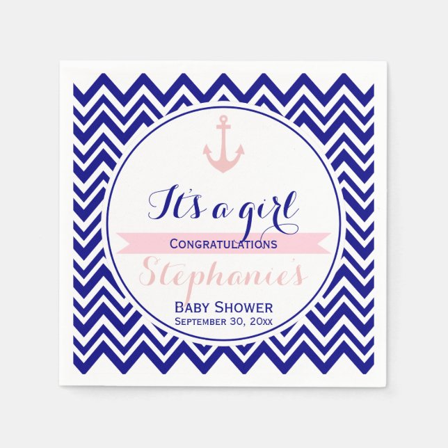 Navy Chevron with Baby Pink Nautical Baby Shower Napkin (Front)