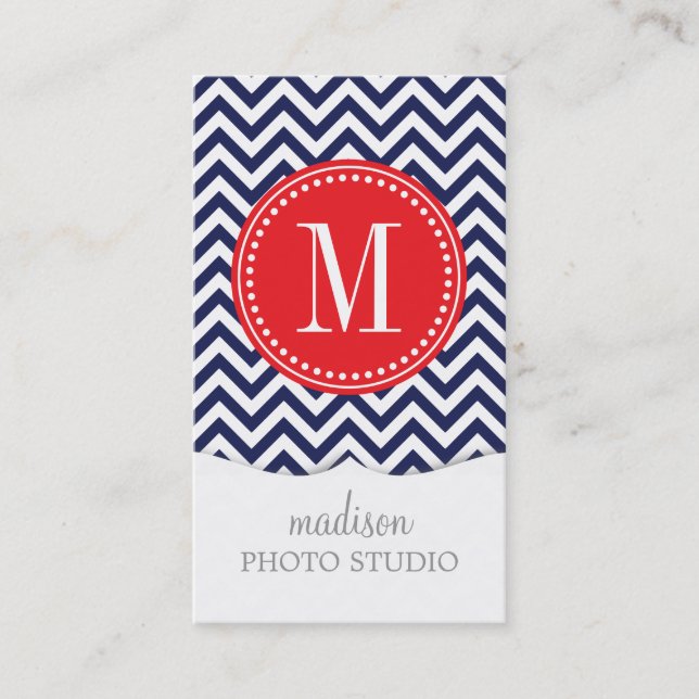 Navy Chevron Zigzag Personalised Monogram Business Card (Front)
