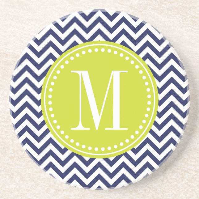 Navy Chevron Zigzag Personalised Monogram Coaster (Front)