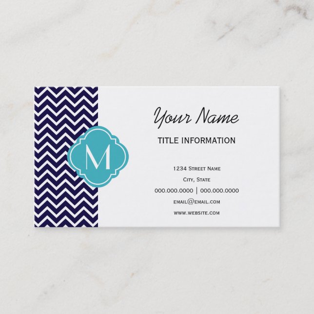 Navy Chevron Zigzag Stripes with Monogram Business Card (Front)