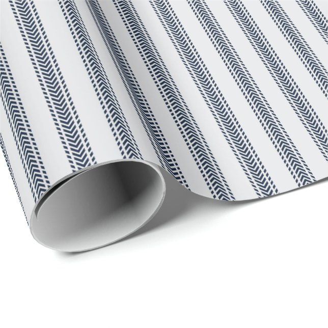 Navy Chevrons Ticking Stripes on Light Grey Wrapping Paper (Roll Corner)