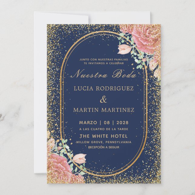 Navy Chic Floral Gold frame Glitter Nuestra Boda Invitation (Front)