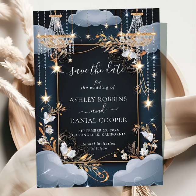Navy Chic Golden Chandelier Save The Date Invitation (Creator Uploaded)
