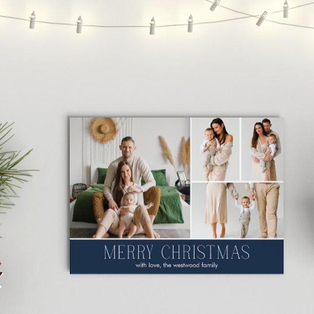NAVY Christmas Elegant 4 Collage Photo message Holiday Card (Creator Uploaded)