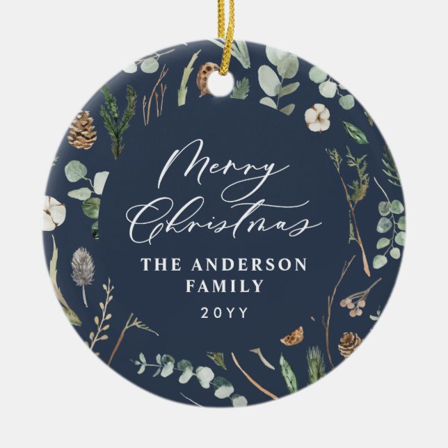 Navy Christmas minimal elegant botanical photo Ceramic Tree Decoration (Front)