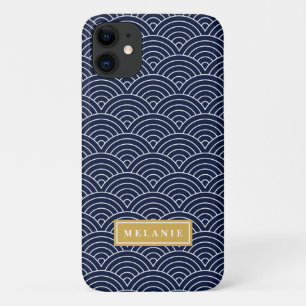 Navy Circle Wave Pattern Gold Name Template Case-Mate iPhone Case