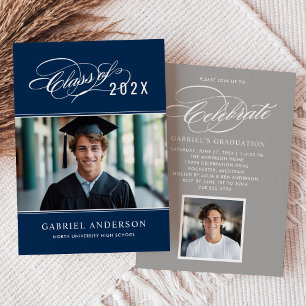 Navy Class of 2026 Calligraphy Photo Graduation Pa Invitation