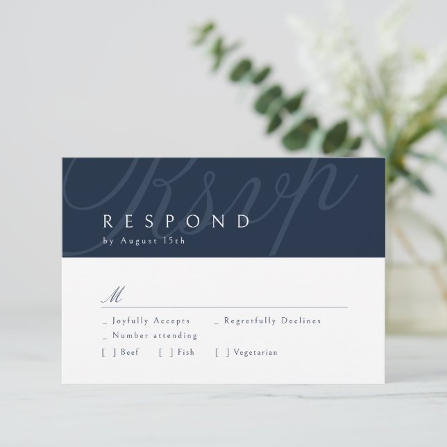 Navy Classic Elegance Calligraphy Wedding RSVP Card (Standing Front)