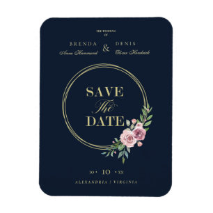 Navy Classic Romantic Elegant Pink Floral Wreath Magnet