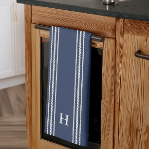 Navy   Classic Rope Stripe Monogram Tea Towel