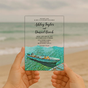 Navy Coastal Boat Beach Destination Wedding Acrylic Invitations