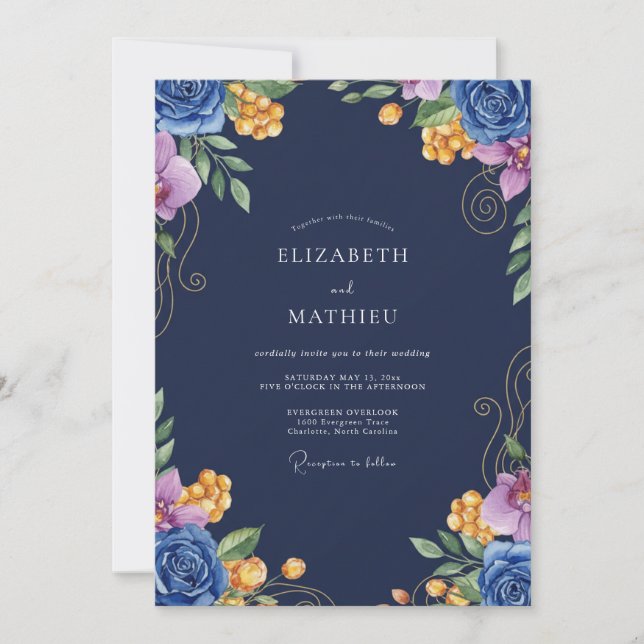 Navy Cobalt Blossom Wedding Invitation (Front)