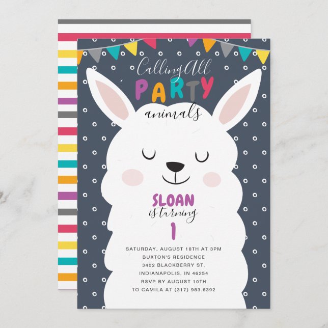 Navy Colourful Stripes Lama Fun Birthday Party Invitation (Front/Back)