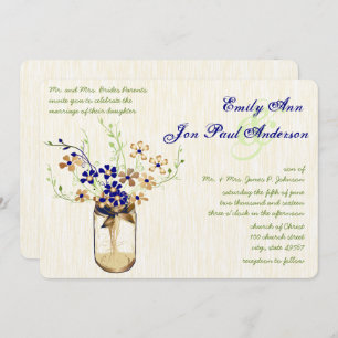 Navy Copper and Green Mason Jar Wild Flower Invitation