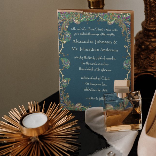 Navy Copper and Green Paisley Peacock Wedding Invitation (Creator Uploaded)