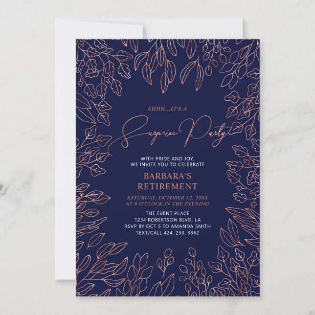 Navy & Copper Foliage Surprise Retirement Party Invitation (Front)