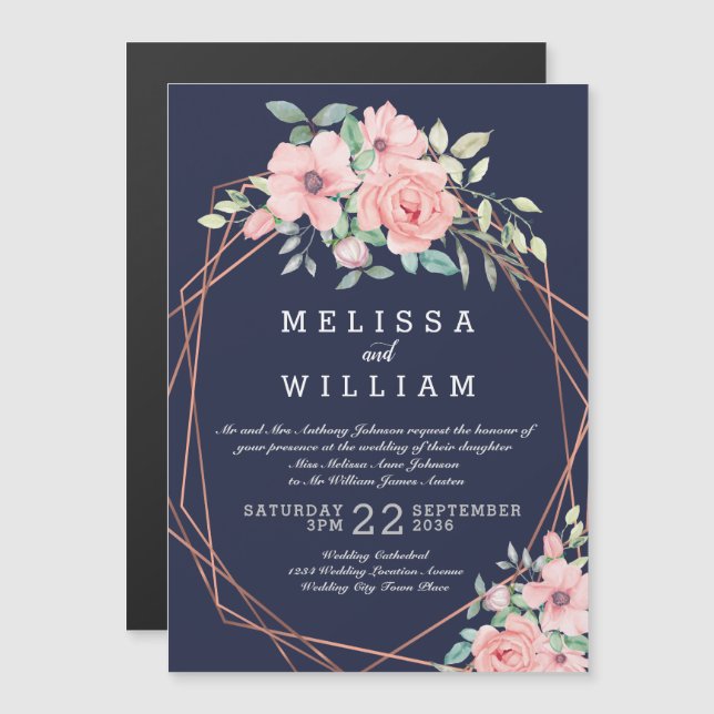 Navy Copper Geometric Watercolor Floral Wedding Magnetic Invitation (Front/Back)