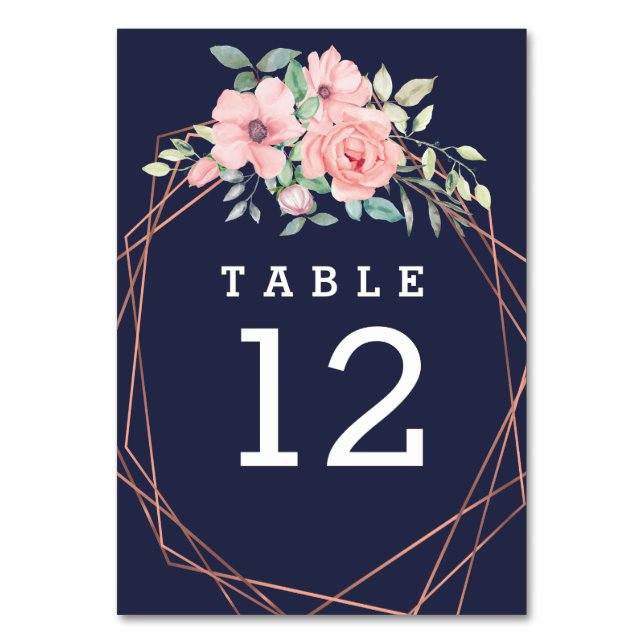 Navy Copper Geometric Watercolor Floral Wedding Table Number (Back)