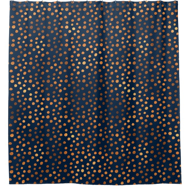 Navy Copper Metallic Polka Dots Spots Shower Curtain (Front)