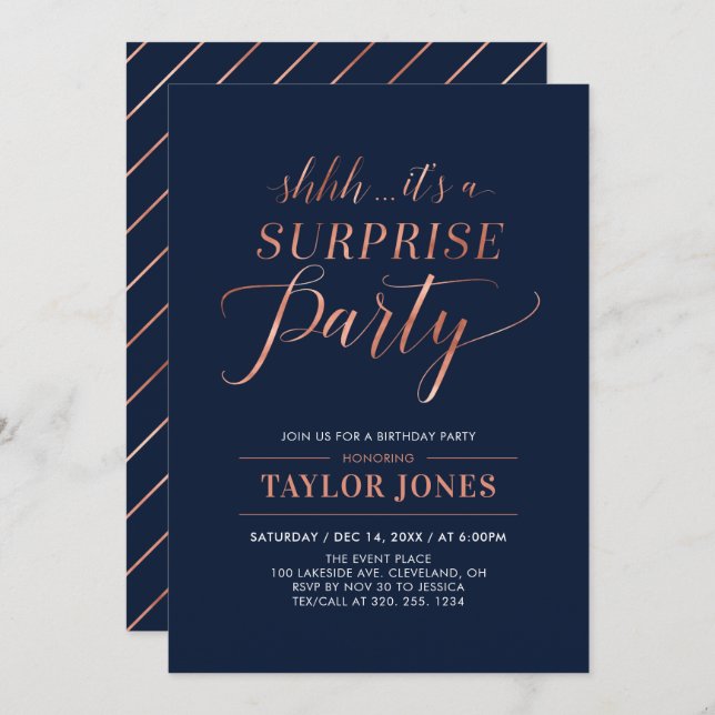 Navy & Copper | Modern Surprise Birthday Party Invitation (Front/Back)