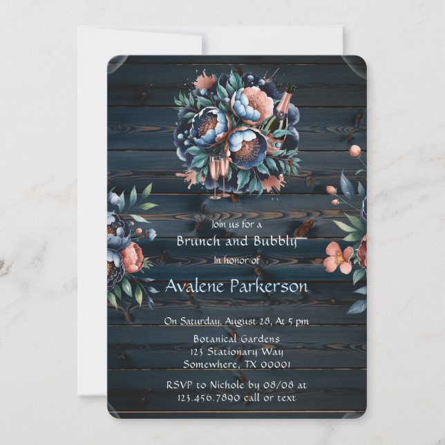 Navy & Copper Peony Wood Brunch and Bubbly Invitation (Front)