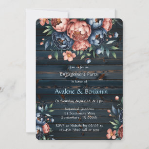 Navy & Copper Peony Wood Engagement Party Invitation