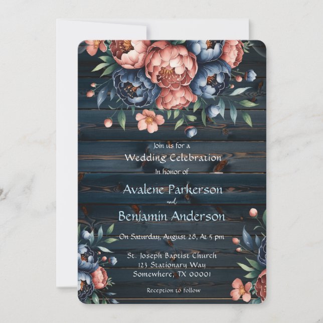 Navy & Copper Peony Wood Wedding Celebration Invitation (Front)