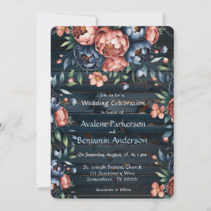 Navy & Copper Peony Wood Wedding Celebration Invitation