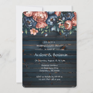 Navy & Copper Peony Wood Wedding Couples Shower Invitation