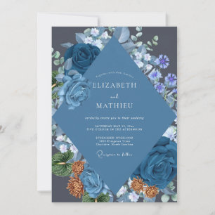 Navy Copper Rose Wedding Invitation