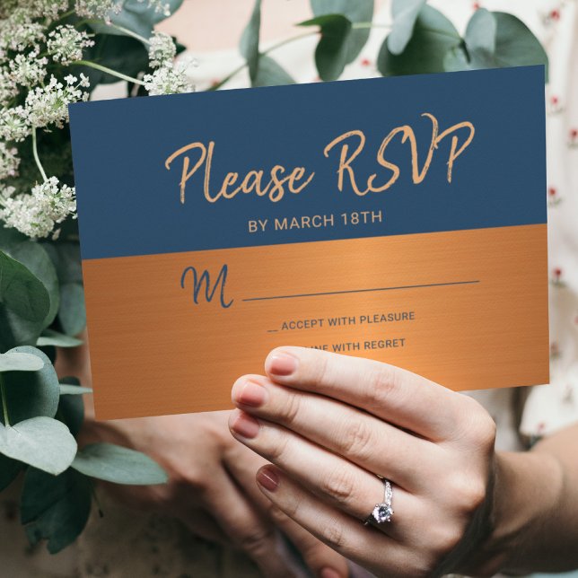 Navy copper trendy typography wedding rsvp card (Creator Uploaded)