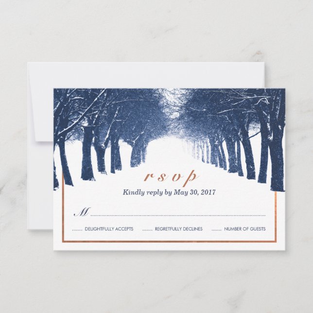 Navy Copper Winter Trees Avenue Wedding RSVP Card (Front)