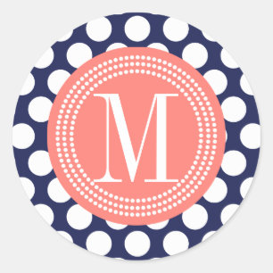 Navy & Coral Big Polka Dots Monogrammed Classic Round Sticker