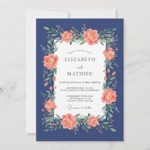 Navy Coral Blossom Wedding Invitation