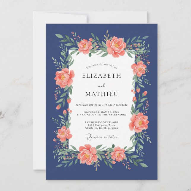 Navy Coral Blossom Wedding Invitation (Front)