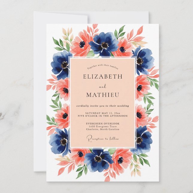 Navy Coral Blossoming Summer Wedding Invitation (Front)