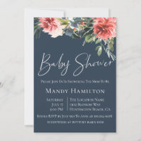 Navy Coral Botanical Baby Shower Invitation