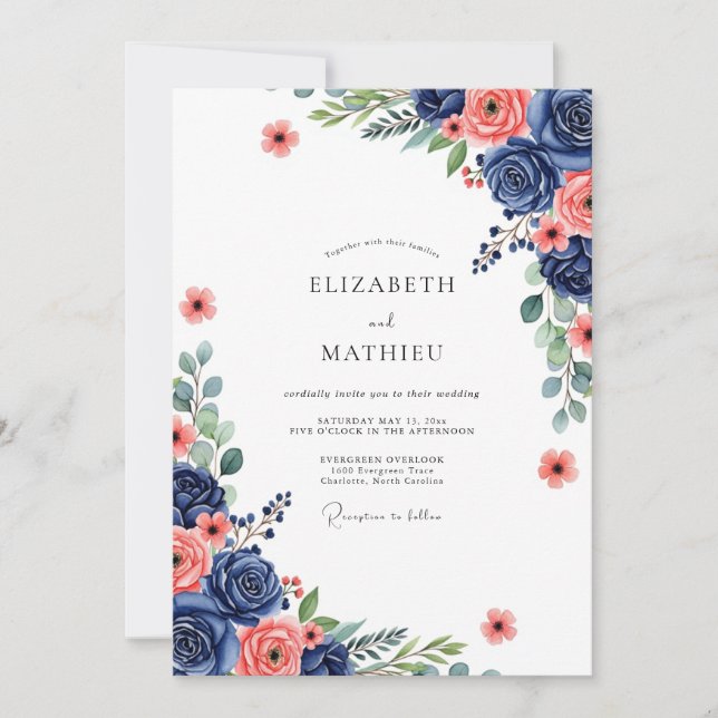 Navy Coral Botanical Bliss Wedding Invitation (Front)