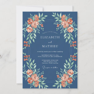 Navy Coral Botanical Flourish Wedding Invitation