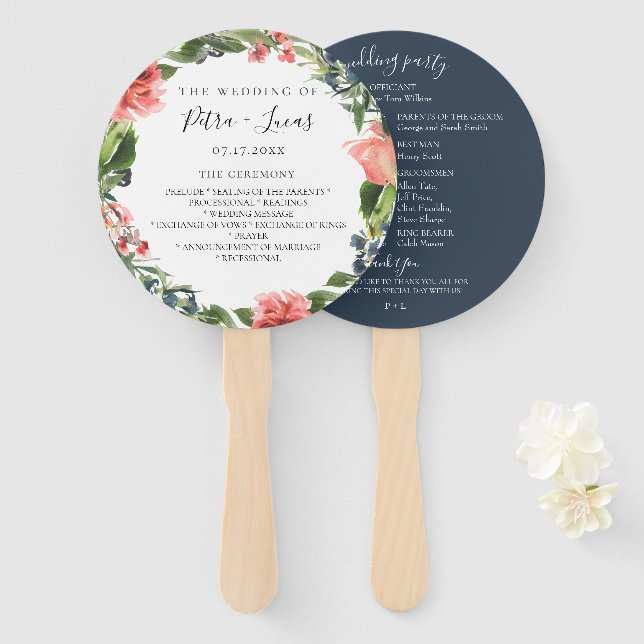 Navy Coral Botanical Wedding Program Hand Fans (Front and Back)