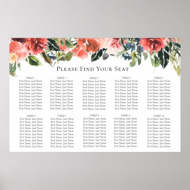 Navy Coral Botanical Wedding Seating Chart (Front)