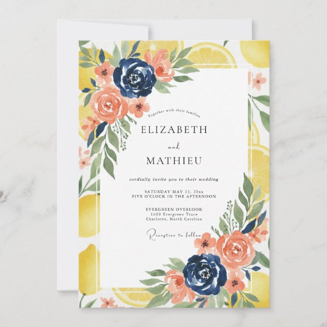 Navy Coral Citrus Eucalyptus Wedding Invitation (Front)