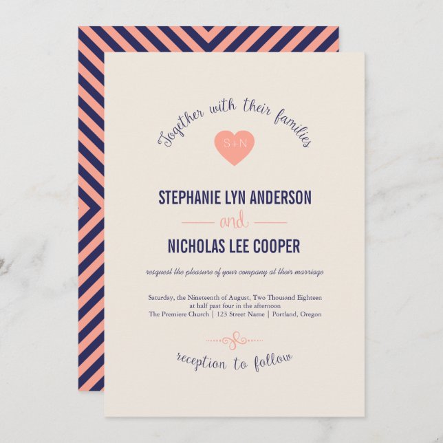 Navy coral curve love heart wedding invitation (Front/Back)